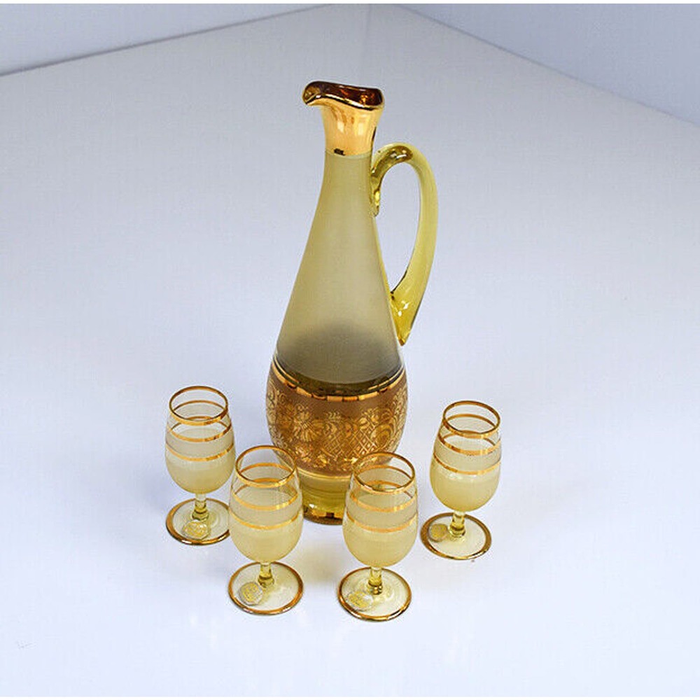 Bohemian Glass Czechoslovakia Gold Boho MCM Decanter/Pitcher + Glasses w/Labels